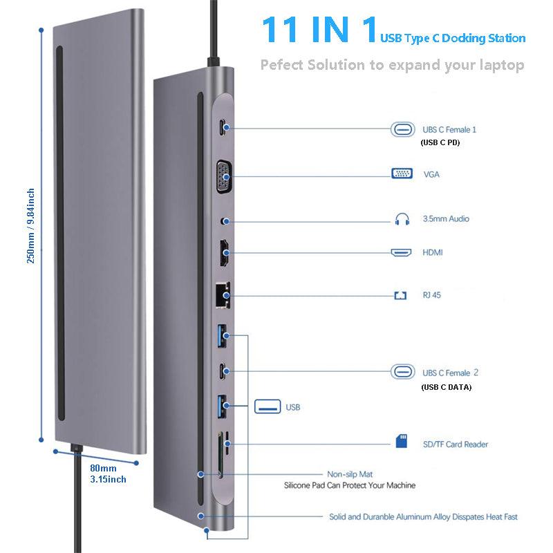 USB C HUB Docking Station 11 in 1 Type-C HDMI VGA Mobile Laptop Expansion Docking Station - Mobile Gadget HQ