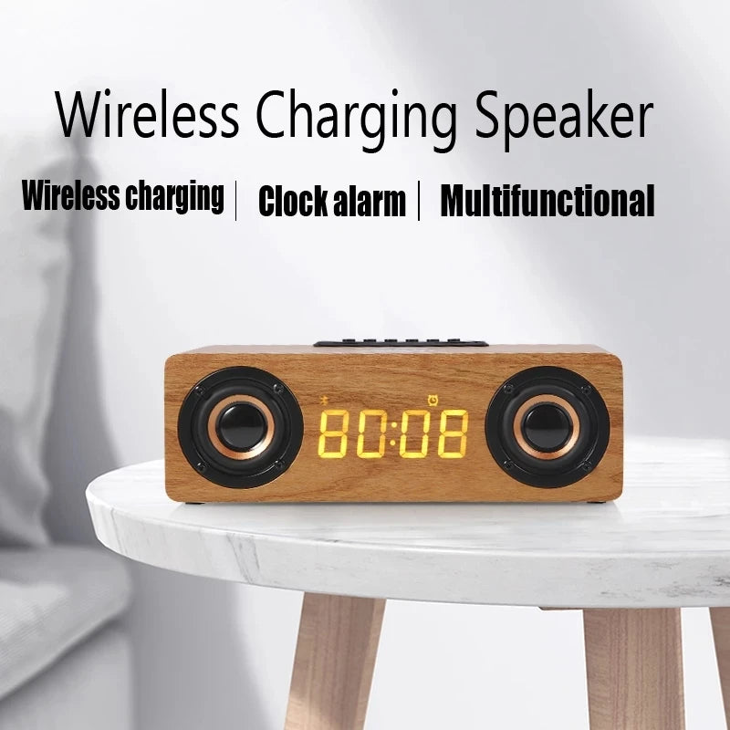 Wooden wireless charging speaker with digital clock