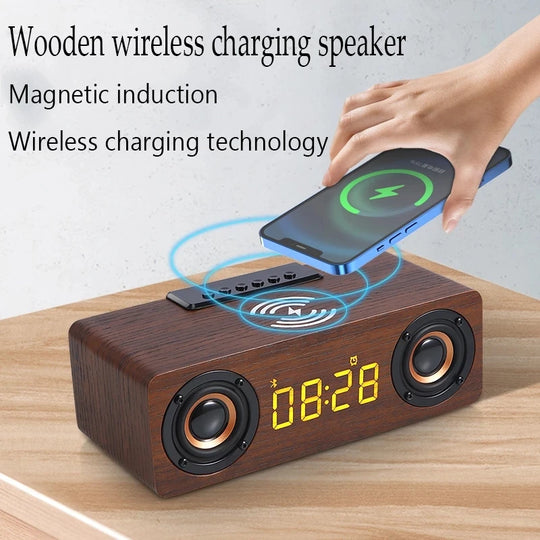 Wooden wireless charging speaker with digital clock