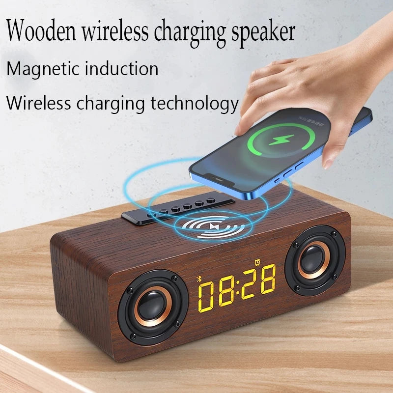 Wooden wireless charging speaker with digital clock