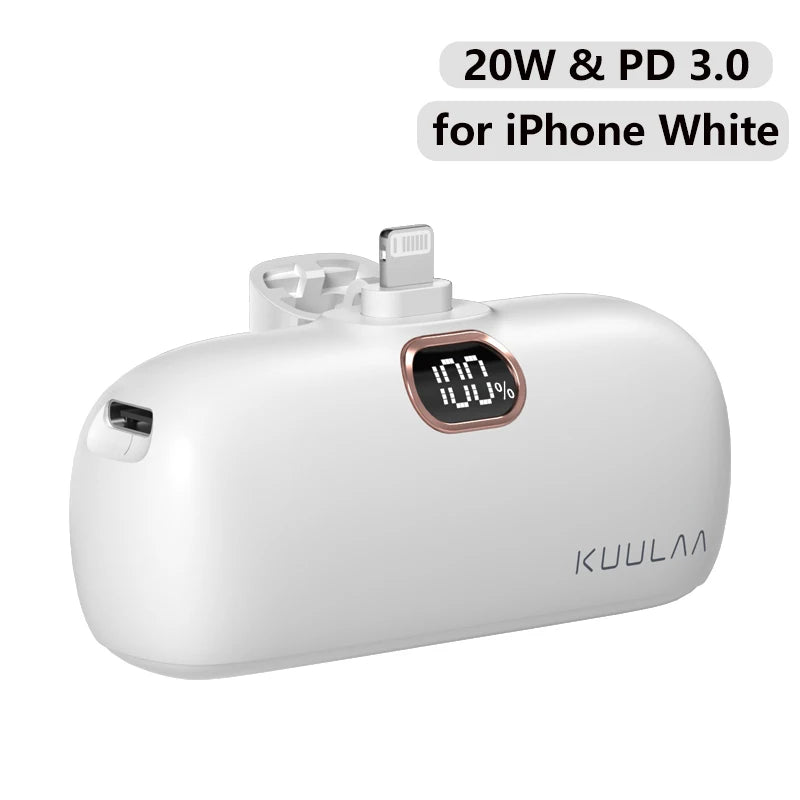 White power bank with digital display and charging ports on a white background