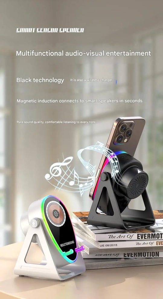 Multifunctional audio-visual entertainment device with smartphone on a stand, placed on a surface.