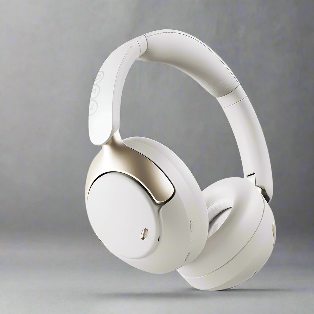 Over-ear wireless headphones in black color with a noise-cancellation feature, shown with a detachable cable and a 3.5 mm jack.