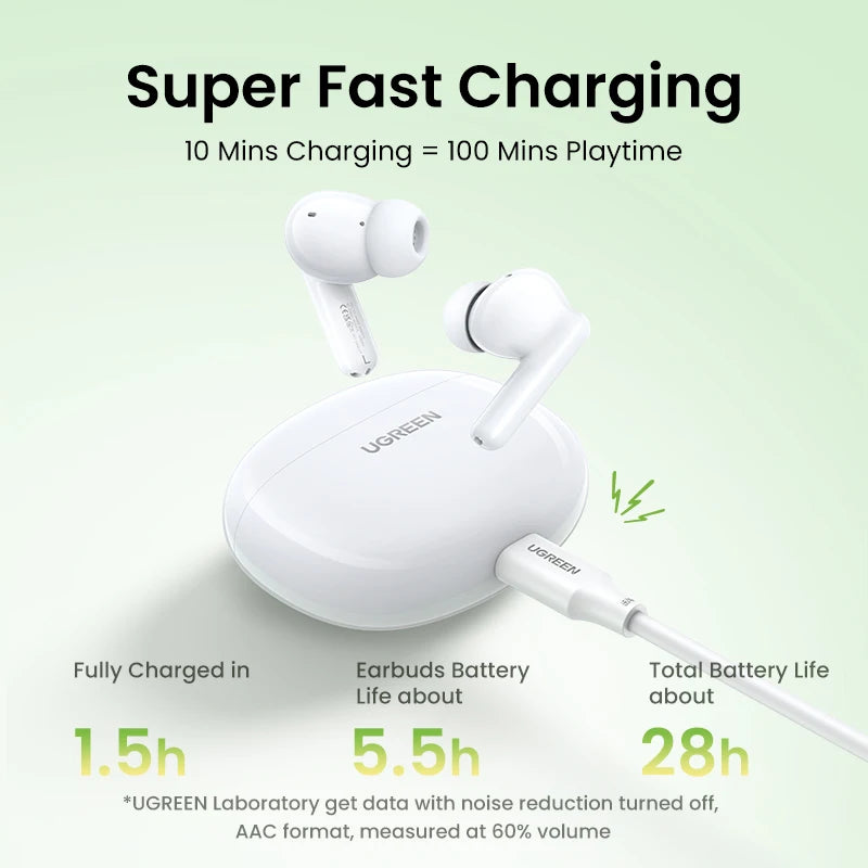 White UGREEN earbuds with charging case