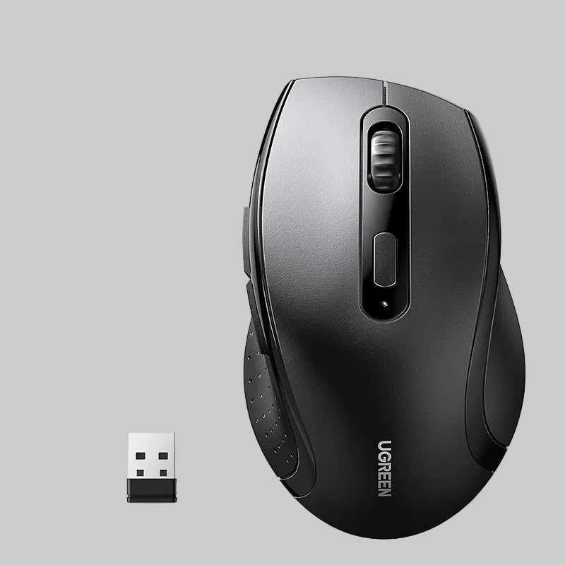UGREEN wireless mouse with USB receiver on a light blue background