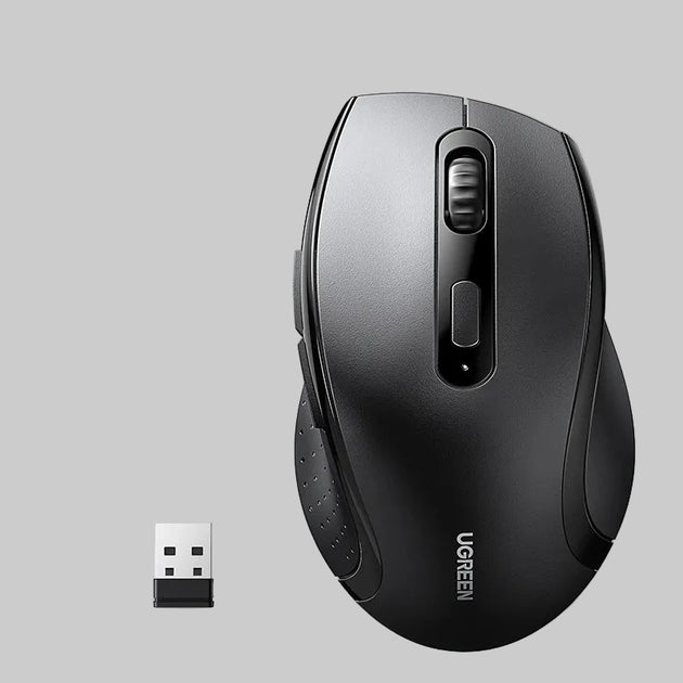 UGREEN wireless mouse with USB receiver on a light blue background