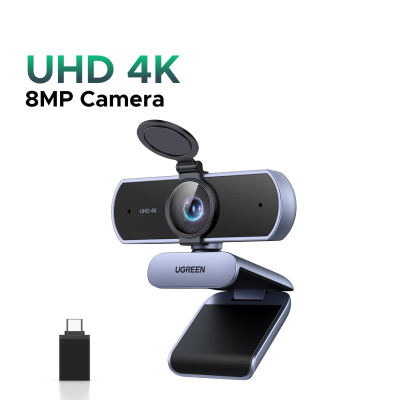 UHD 4K 8MP web camera with USB adapter on a white background