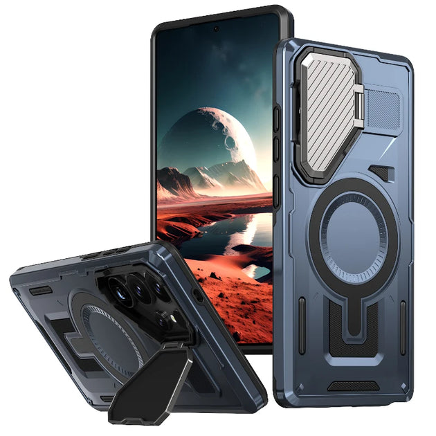 Rugged phone case with stand feature on a white background
