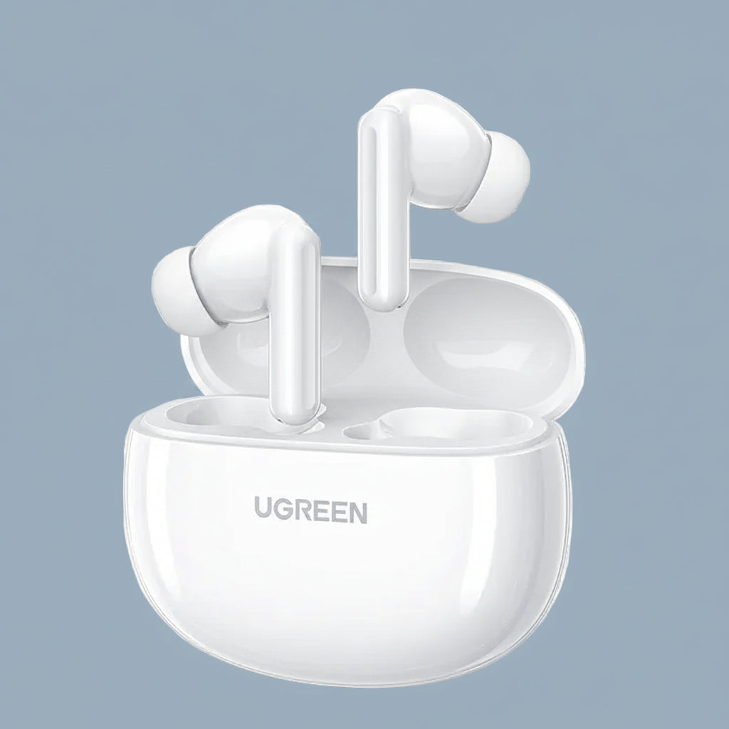 White Ugreen wireless earbuds with charging case