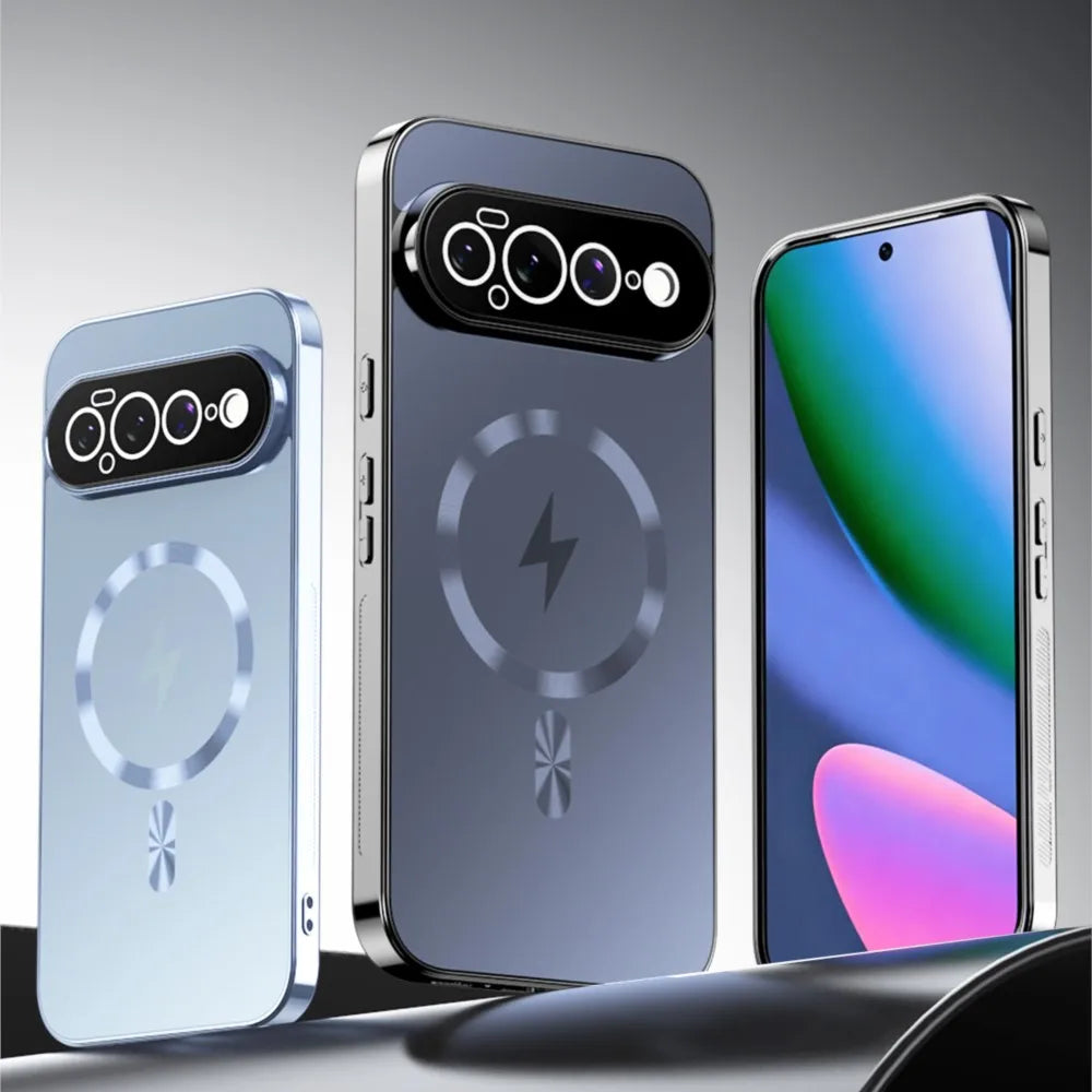 Three smartphone cases shown upright on a dark surface against a gray gradient background. The left case is light icy blue, the center case is dark blue-gray with a metallic circular MagSafe-style ring and camera cutout, and the right case is silver with a phone screen visible inside.