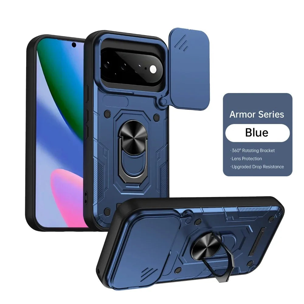 Blue rugged Heavy Duty Armor Case Google Pixel 10 with a built-in rotating ring kickstand