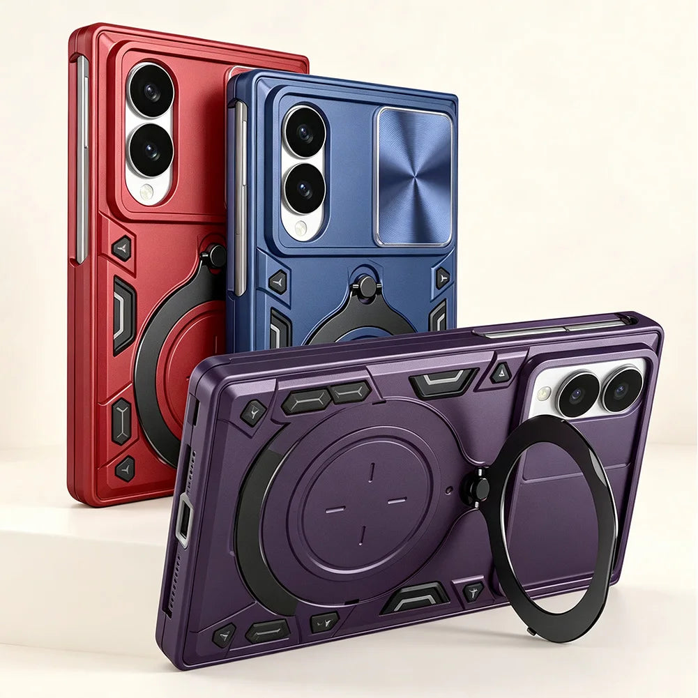 Metal Ring Magnet Z Fold smartphone cases in red, blue, and purple. The front purple case is shown in the foreground with a black circular ring stand extended, while the red and blue cases stand behind it.
