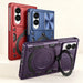 Metal Ring Magnet Z Fold smartphone cases in red, blue, and purple. The front purple case is shown in the foreground with a black circular ring stand extended, while the red and blue cases stand behind it.