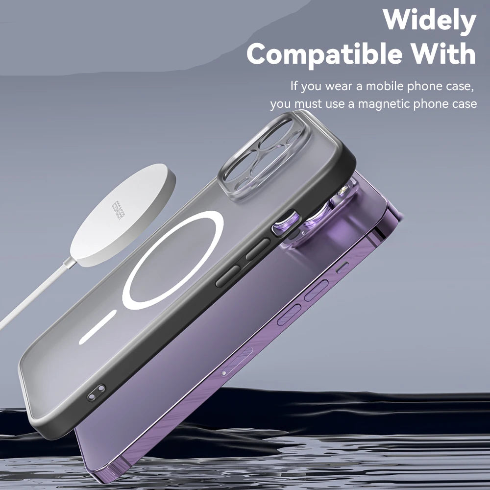 Phone case with magnetic feature on a gray background, featuring the brand 'ESSAGER'.