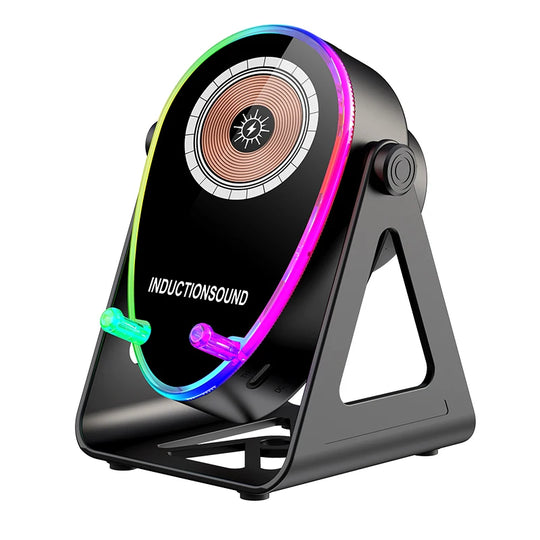 Induction sound device with colorful LED lights on a white background
