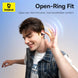 Person wearing open-ring fit earphones with Baseus logo and text on a light blue background