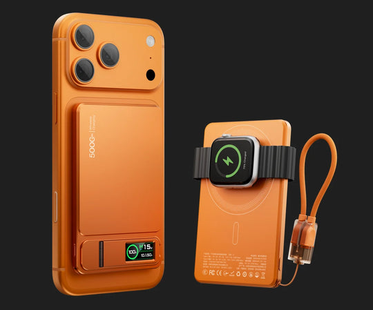 Orange phone case with built-in power bank and smartwatch holder on a black background