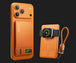 Orange phone case with built-in power bank and smartwatch holder on a black background