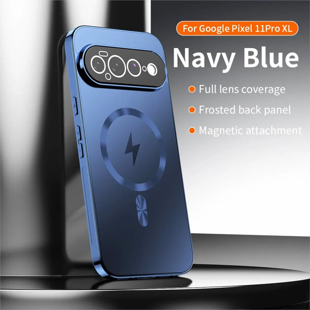 A navy blue protective phone case for Google Pixel 11 Pro XL, shown standing upright on a reflective surface. The case features a frosted back panel with a circular magnetic charging symbol, full camera lens coverage, and a metallic blue edge.