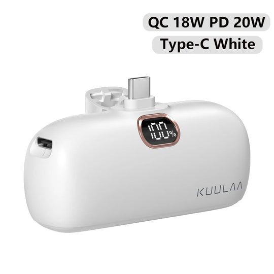 White power bank with digital display and USB-C port on a white background
