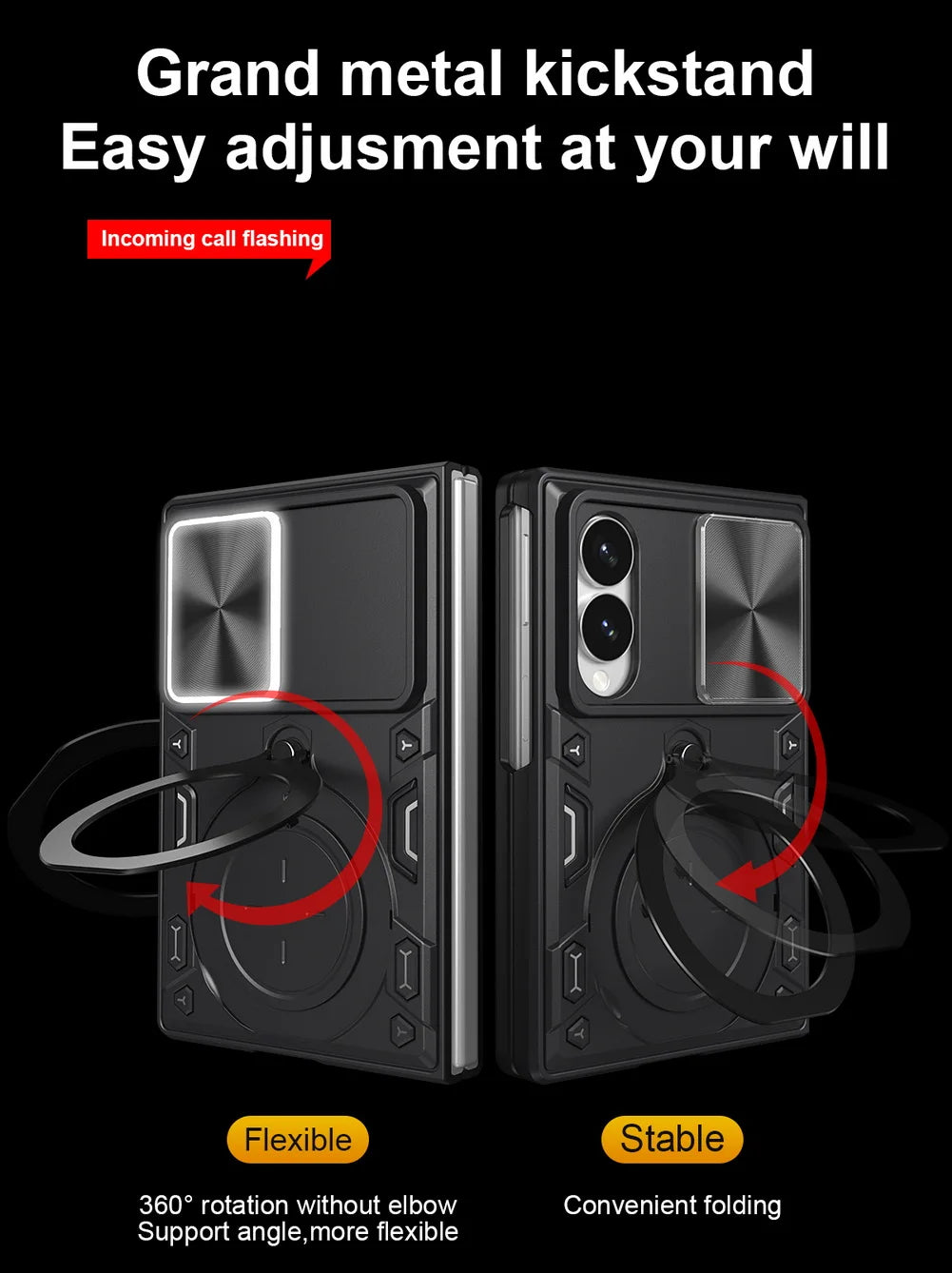 A promotional graphic for a black foldable phone kickstand, showing two views of the stand attached to a phone. Text at the top reads 'Grand metal kickstand' and 'Easy adjustment at your will,' with a red callout saying 'Incoming call flashing.