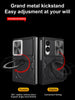 A promotional graphic for a black foldable phone kickstand, showing two views of the stand attached to a phone. Text at the top reads 'Grand metal kickstand' and 'Easy adjustment at your will,' with a red callout saying 'Incoming call flashing.