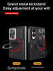 A promotional graphic for a black foldable phone kickstand, showing two views of the stand attached to a phone. Text at the top reads 'Grand metal kickstand' and 'Easy adjustment at your will,' with a red callout saying 'Incoming call flashing.