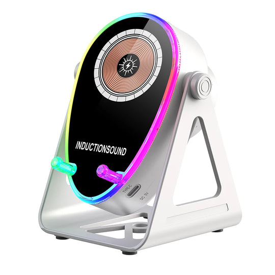 Induction sound device with colorful LED lights on a white background