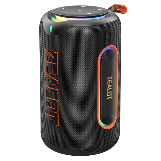 Black portable speaker with colorful LED lights on a white background