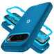 A blue protective phone case with a matching light blue inner bumper frame, shown from multiple angles on a white background.