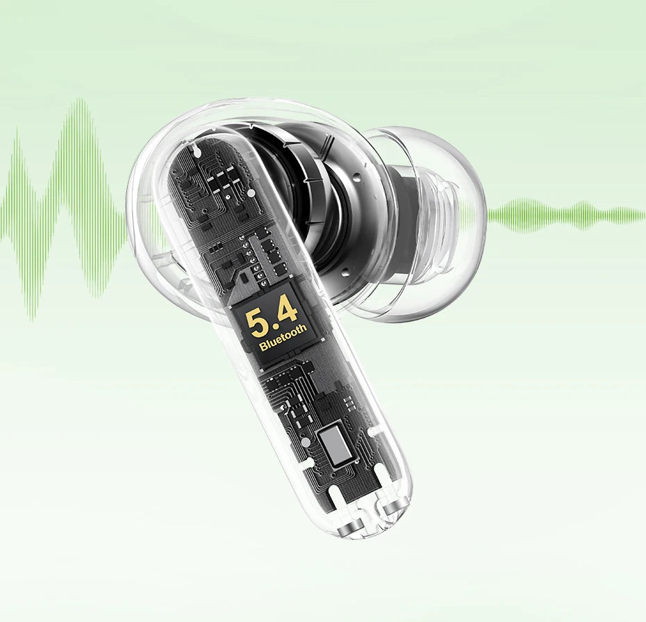 Transparent wireless earbuds with Bluetooth 5.4 label on a light green background