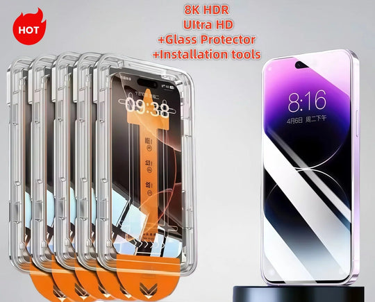 Phone case and screen protector set with promotional text on a white background