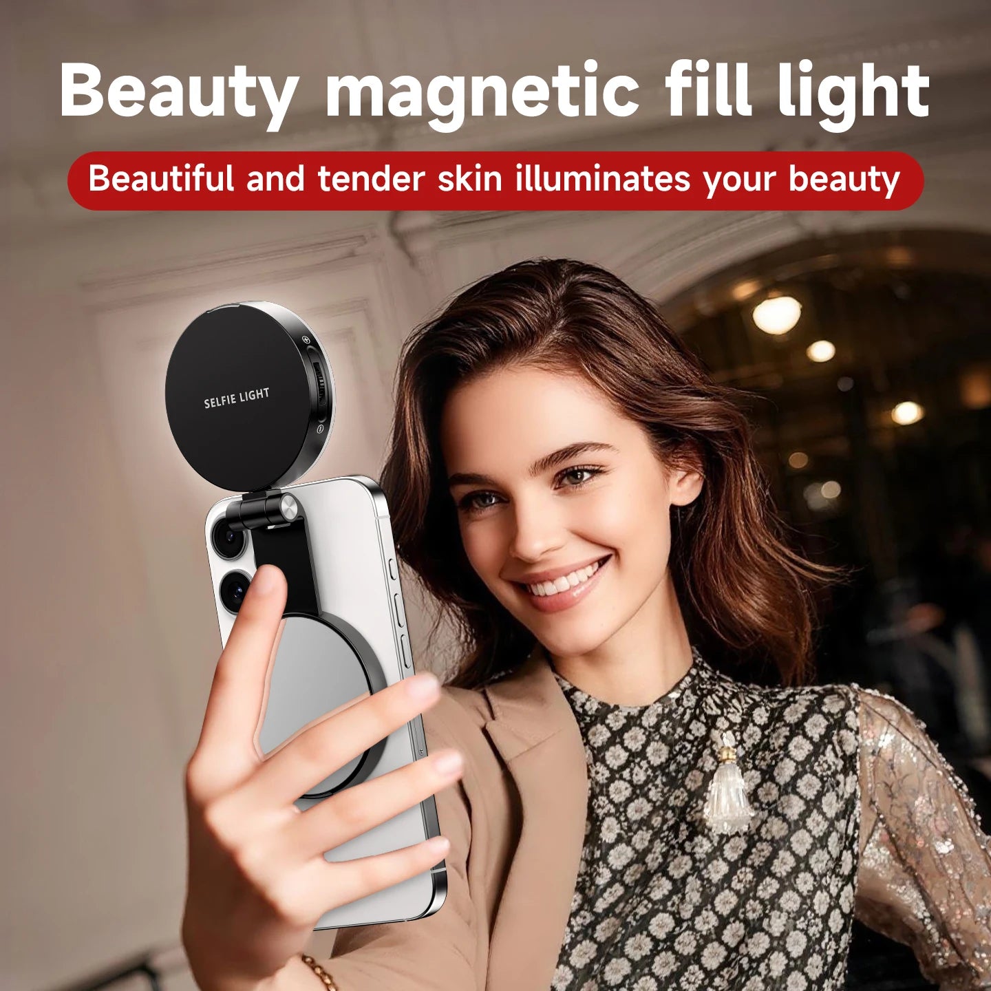 Woman holding a phone with a beauty magnetic fill light attachment, set against an indoor background.