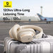 Beige headphones on a suitcase with an airplane in the background, featuring baseus branding and battery life information.