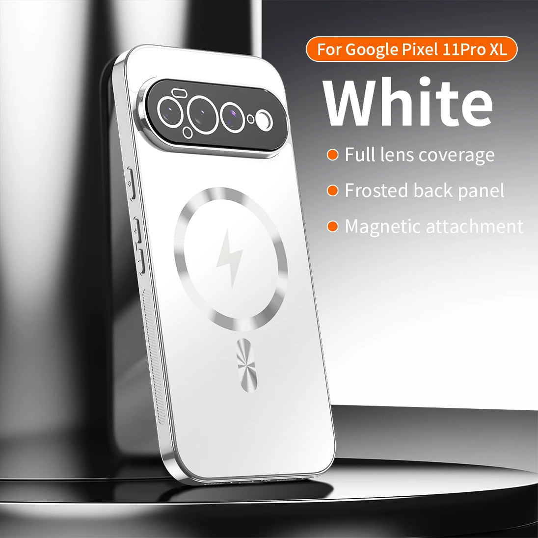 A white protective phone case for Google Pixel 11 Pro XL. The case features a metallic silver magnetic ring, a frosted back panel, and full camera lens coverage.