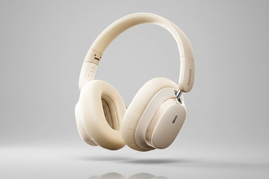 Beige headphones with Baseus logo and 'Hi-Res Audio' text on a gradient background