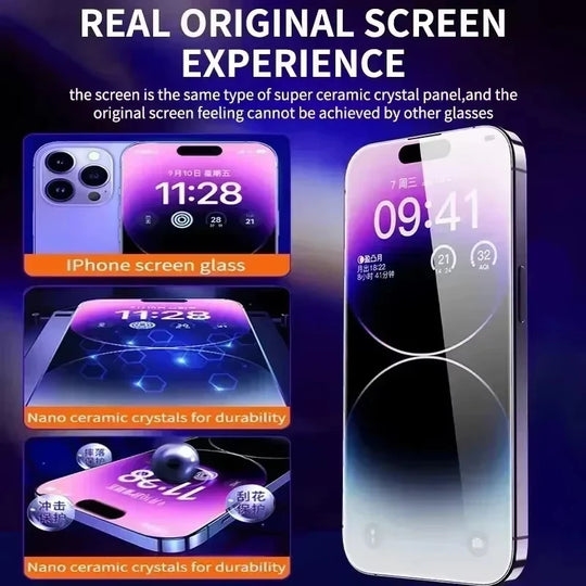 Phone screen protector with text highlighting durability and screen experience on a dark background