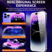 Phone screen protector with text highlighting durability and screen experience on a dark background