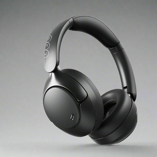 Over-ear wireless headphones in black color with a noise-cancellation feature, shown with a detachable cable and a 3.5 mm jack.