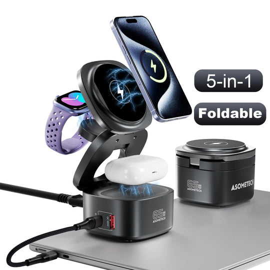 5-in-1 foldable charging station with 65W GaN charger by Asometech, charging phone, watch, and earbuds.