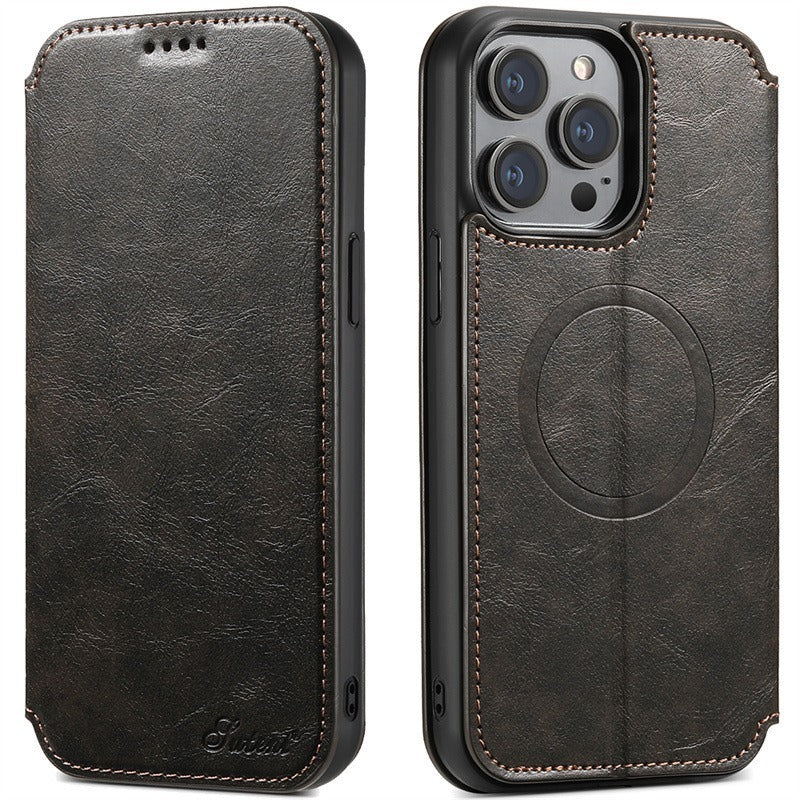 Black leather phone case with magnetic back for phone