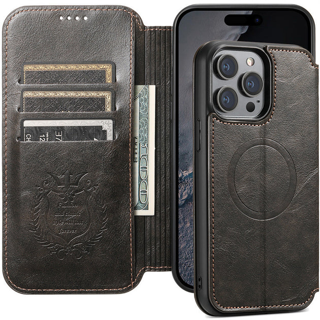 Black leather phone case with card slots and cash holder, attached to a smartphone.