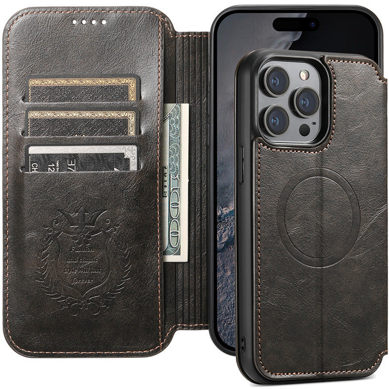 Black leather phone case with card slots and cash holder, attached to a smartphone.
