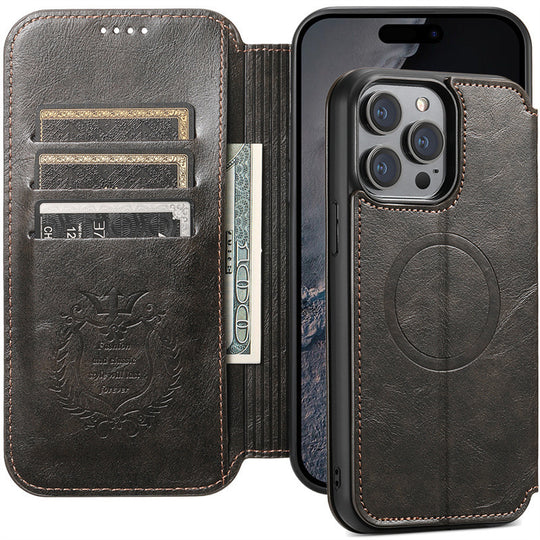 Black leather phone case with card slots and cash holder, attached to a smartphone.