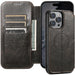 Black leather phone case with card slots and cash holder, attached to a smartphone.