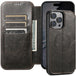 Black leather phone case with card slots and cash holder, attached to a smartphone.
