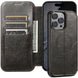Black leather phone case with card slots and cash holder, attached to a smartphone.