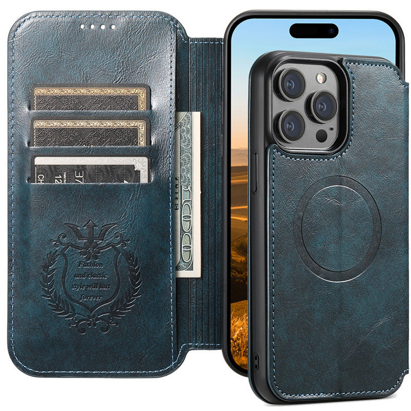 Blue phone case with card slots and phone stand feature on a white background