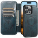 Blue phone case with card slots and phone stand feature on a white background