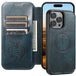 Blue phone case with card slots and phone stand feature on a white background